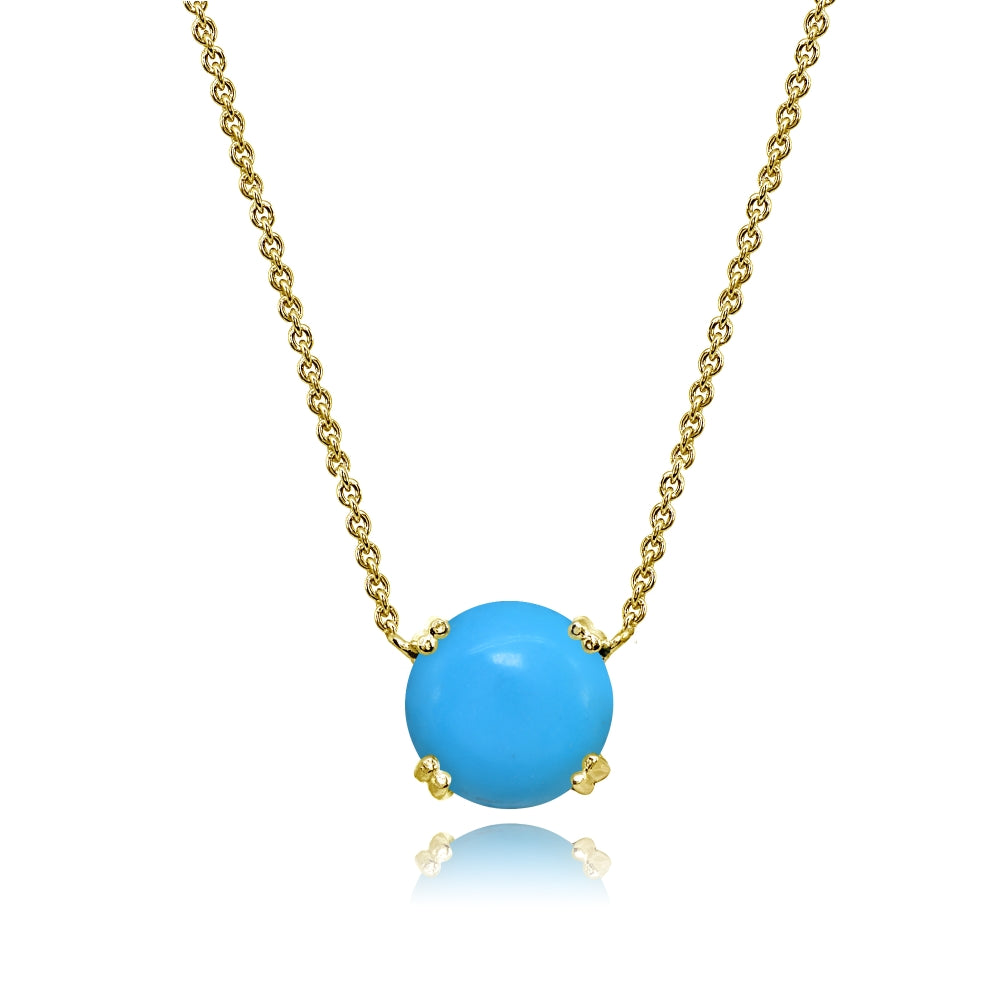 Yellow Gold Flashed Sterling Silver Created Turq 10mm Round Solitaire Polished Dainty Necklace
