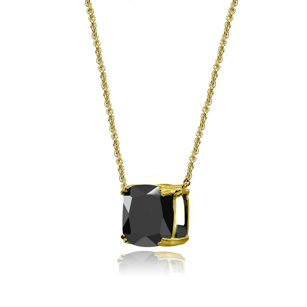 Yellow Gold Flashed Sterling Silver Black Cubic Zirconia 10mm Cushion-Cut Solitaire Polished Dainty Necklace-2