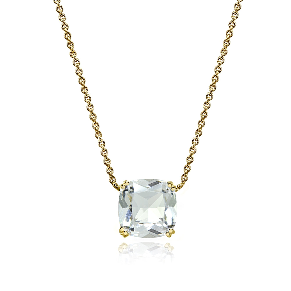 Yellow Gold Flashed Sterling Silver Clear Crystal 10mm Cushion-Cut Solitaire Polished Dainty Necklace