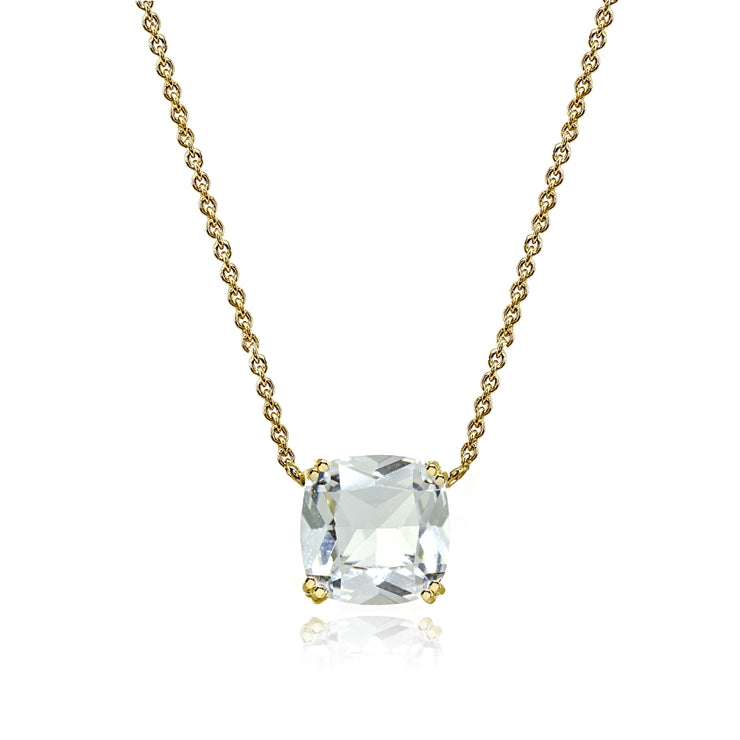 Yellow Gold Flashed Sterling Silver Clear Crystal 10mm Cushion-Cut Solitaire Polished Dainty Necklace