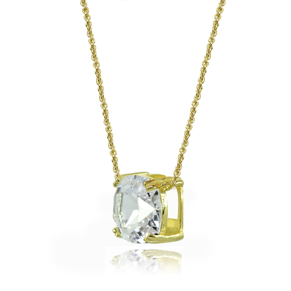 Yellow Gold Flashed Sterling Silver Clear Crystal 10mm Cushion-Cut Solitaire Polished Dainty Necklace-2