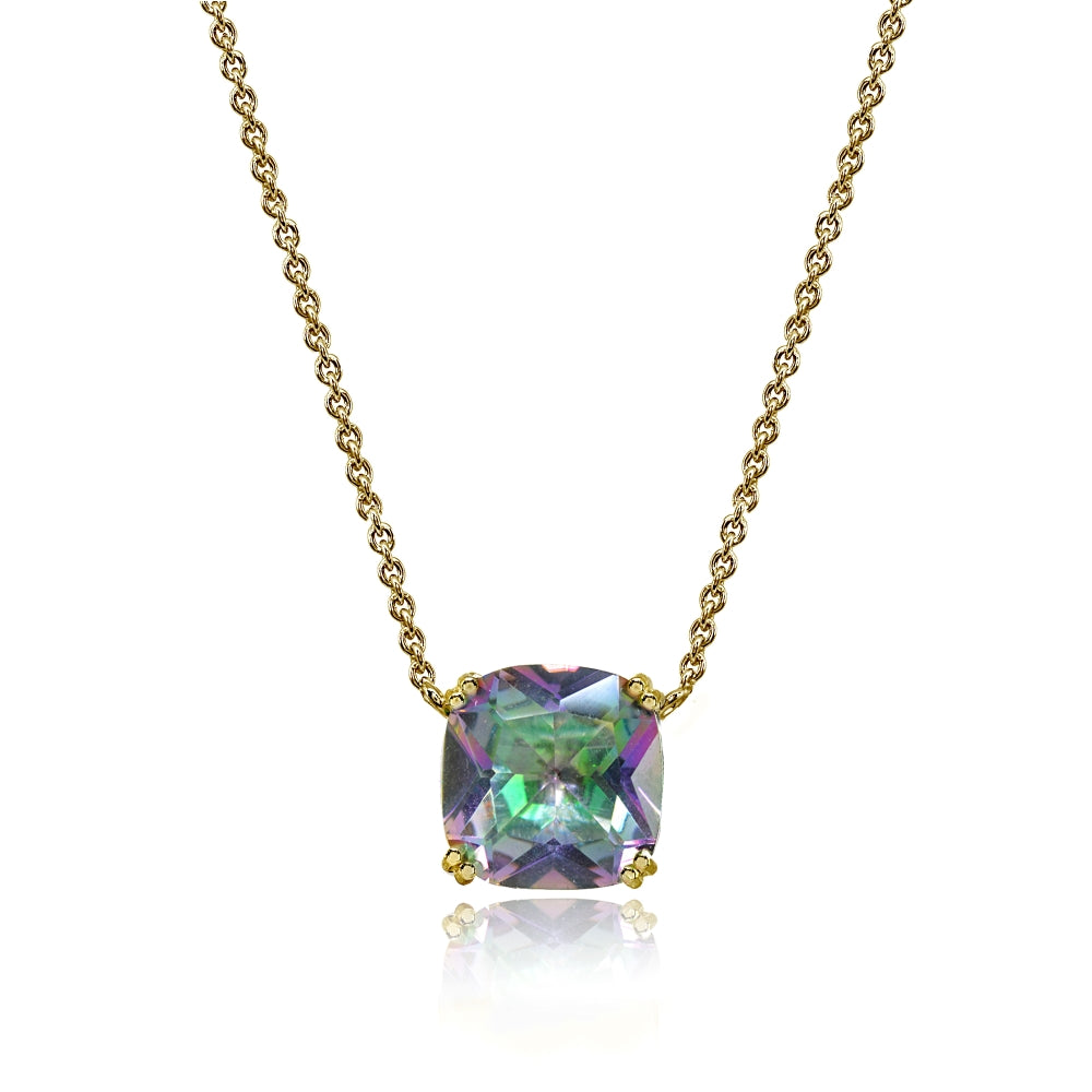 Yellow Gold Flashed Sterling Silver Created Mult Colored Topaz 10mm Cushion-Cut Solitaire Polished Dainty Necklace