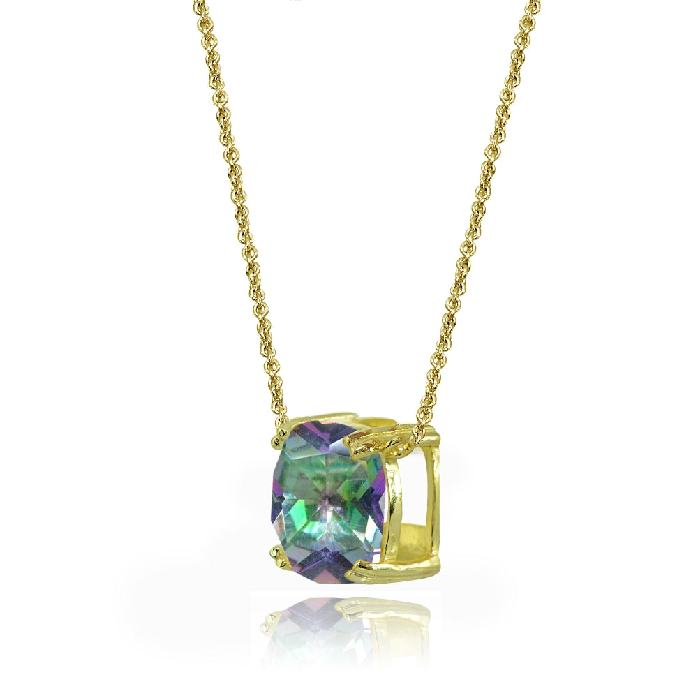 Yellow Gold Flashed Sterling Silver Created Mult Colored Topaz 10mm Cushion-Cut Solitaire Polished Dainty Necklace-2