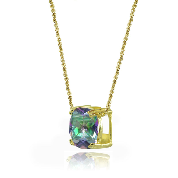 Yellow Gold Flashed Sterling Silver Created Mult Colored Topaz 10mm Cushion-Cut Solitaire Polished Dainty Necklace