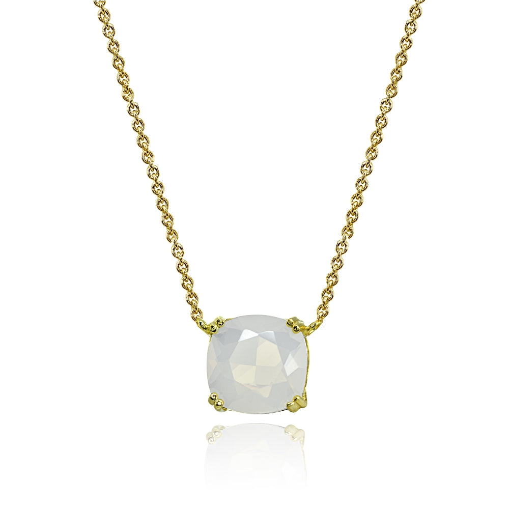 Yellow Gold Flashed Sterling Silver Created White Opal 10mm Cushion-Cut Solitaire Polished Dainty Necklace