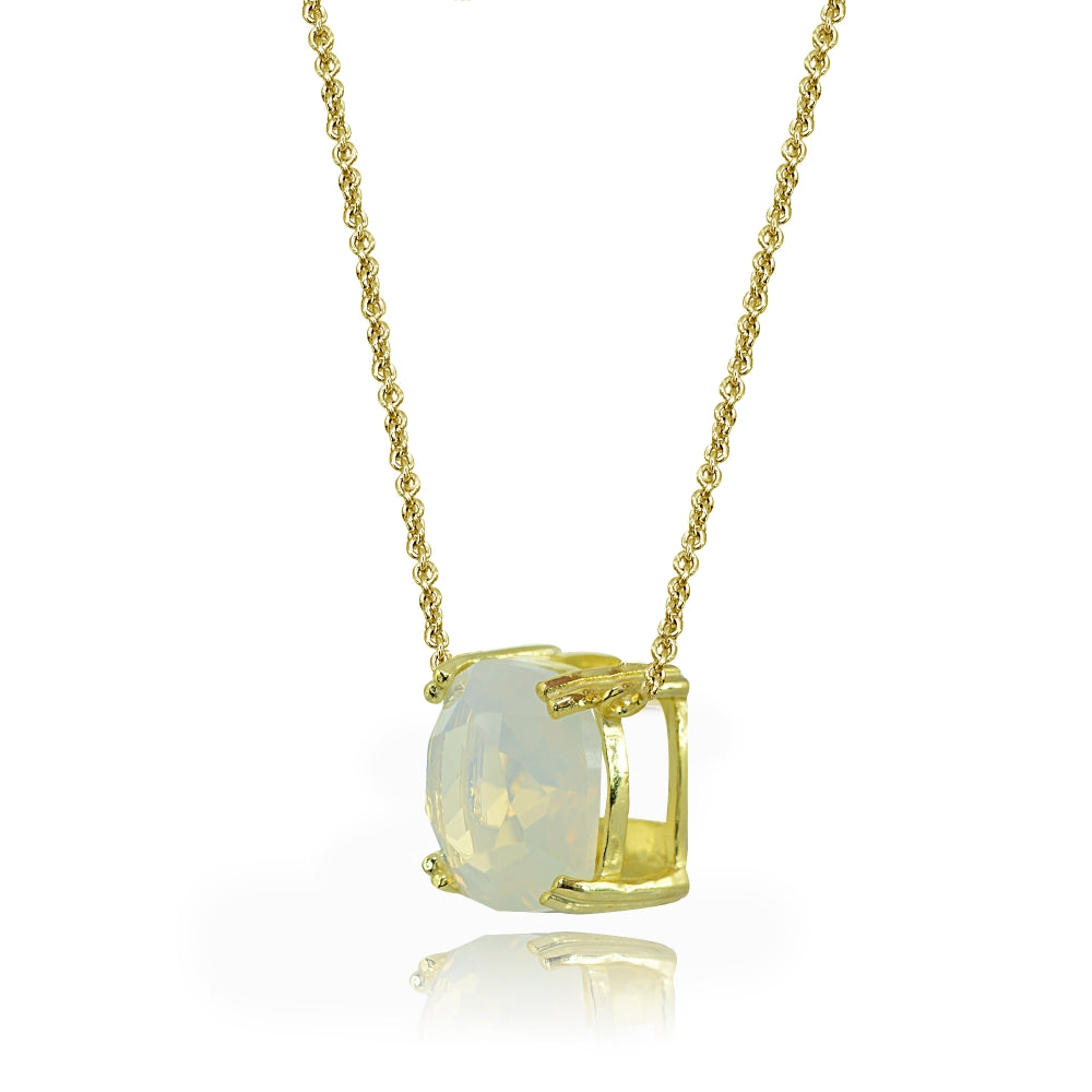 Yellow Gold Flashed Sterling Silver Created White Opal 10mm Cushion-Cut Solitaire Polished Dainty Necklace-2