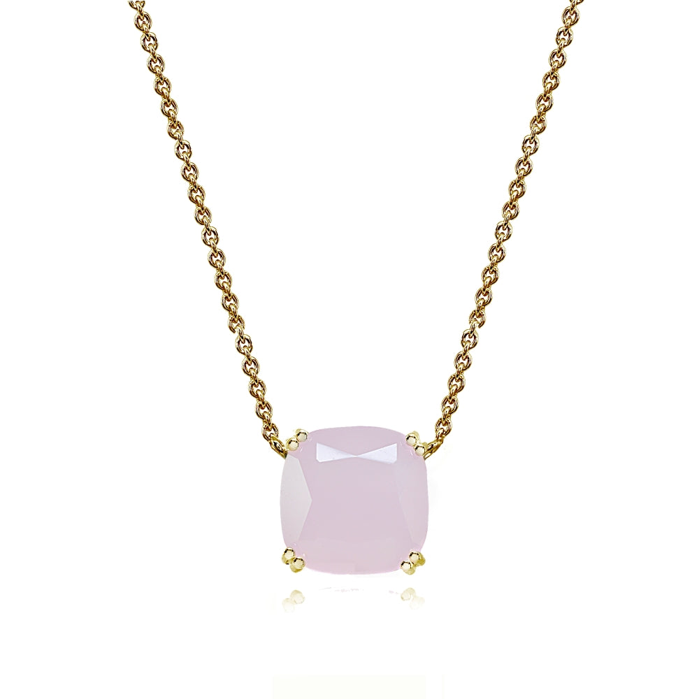 Yellow Gold Flashed Sterling Silver Pink Crystal 10mm Cushion-Cut Solitaire Polished Dainty Necklace
