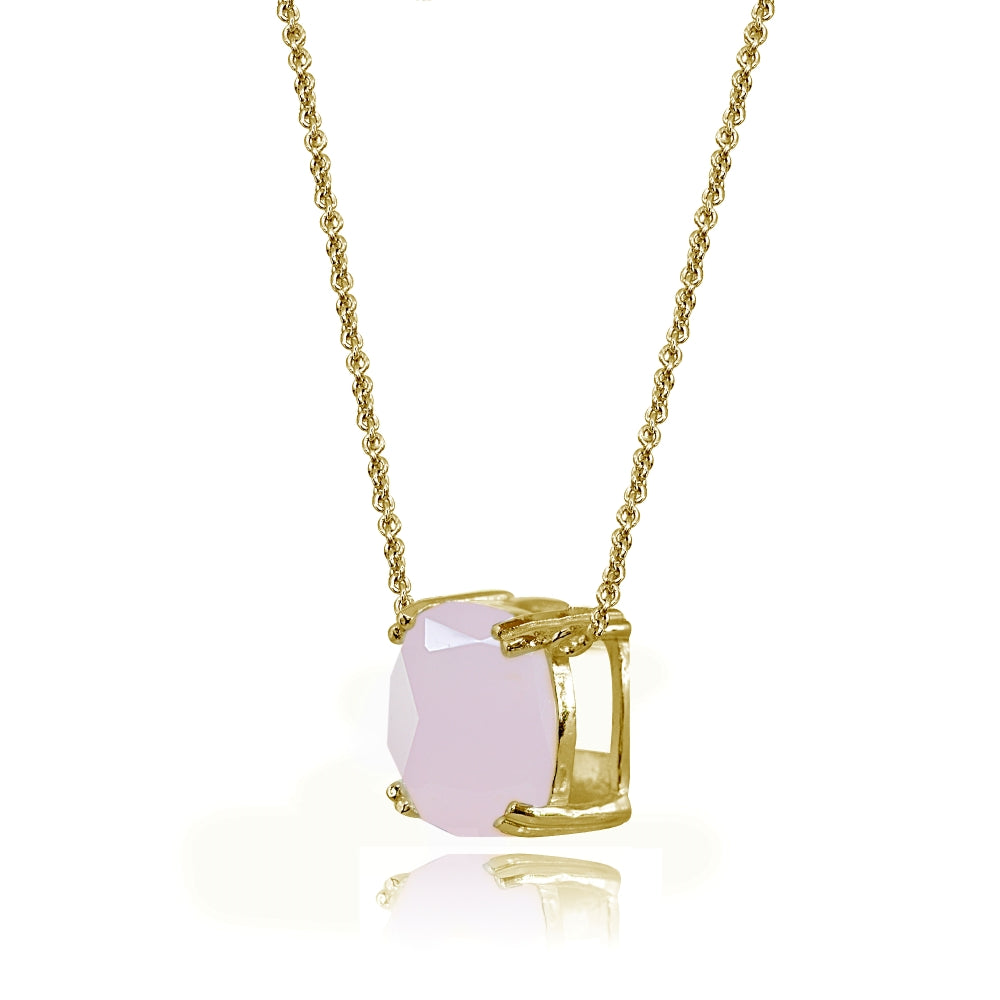 Yellow Gold Flashed Sterling Silver Pink Crystal 10mm Cushion-Cut Solitaire Polished Dainty Necklace-2