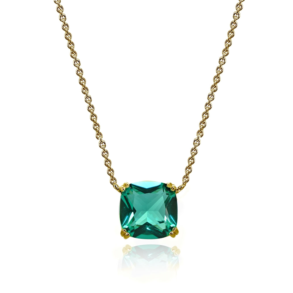 Yellow Gold Flashed Sterling Silver Teal Glass 10mm Cushion-Cut Solitaire Polished Dainty Necklace