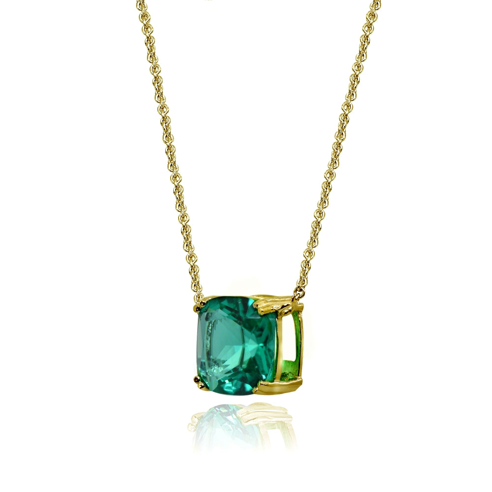 Yellow Gold Flashed Sterling Silver Teal Glass 10mm Cushion-Cut Solitaire Polished Dainty Necklace-2