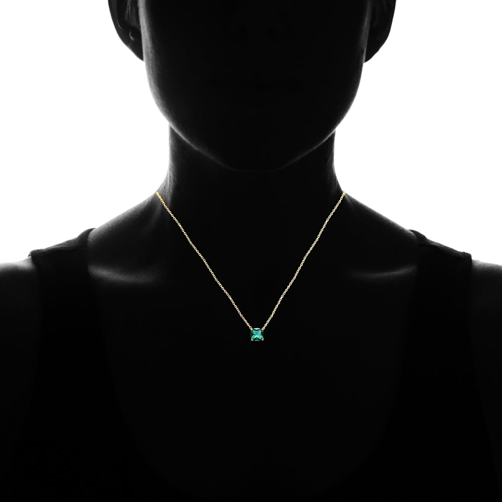 Yellow Gold Flashed Sterling Silver Teal Glass 10mm Cushion-Cut Solitaire Polished Dainty Necklace-3