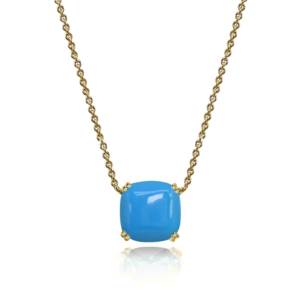 Yellow Gold Flashed Sterling Silver Created Turq 10mm Cushion-Cut Solitaire Polished Dainty Necklace