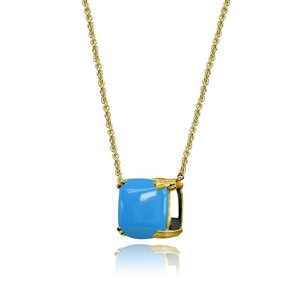 Yellow Gold Flashed Sterling Silver Created Turq 10mm Cushion-Cut Solitaire Polished Dainty Necklace-2