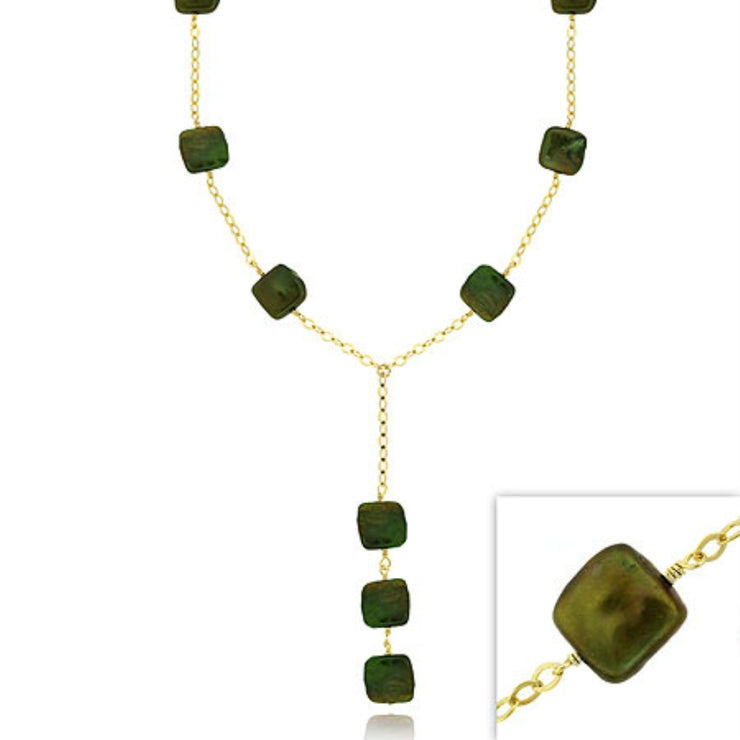 18K Gold over Sterling Silver Freshwater Cultured Green Square Coin Pearl Y Necklace