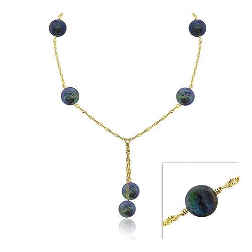 18K Gold Over Sterling Silver Iridescent Genuine Black Round Freshwater Cultured Coin Pearl Dangle Twist Necklace 16-19"