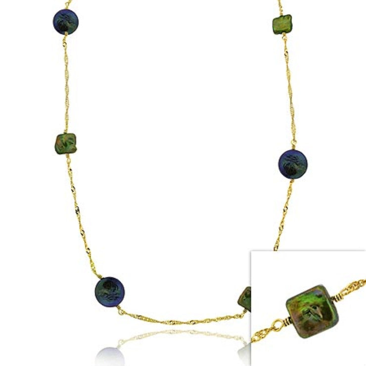 18K Gold over Sterling Silver Freshwater Cultured Green & Peacock Coin Pearl Chain Necklace
