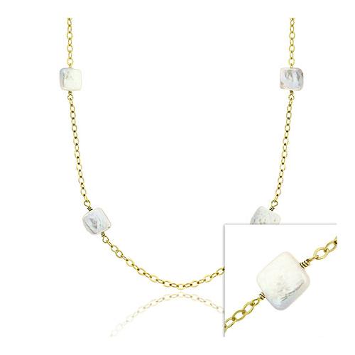 18K Gold over Sterling Silver Square Coin Freshwater Cultured Pearl Chain Necklace