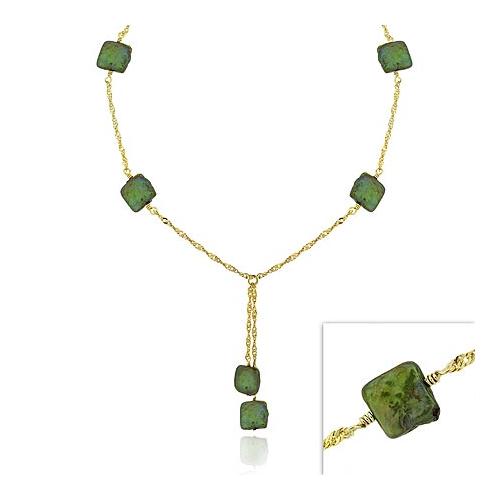 18K Gold over Sterling Silver Green Freshwater Cultured Square Coin Pearl Lariat Necklace