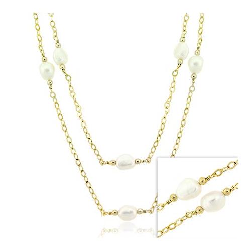 18K Gold over Sterling Silver Freshwater Cultured Pearl Two Strand Necklace