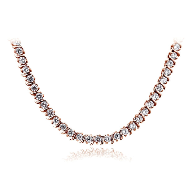 Rose Gold Flashed Sterling Silver Cubic Zirconia S Design Tennis Necklace