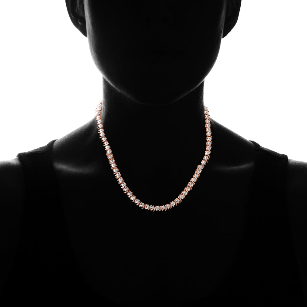 Rose Gold Flashed Sterling Silver Cubic Zirconia S Design Tennis Necklace-4