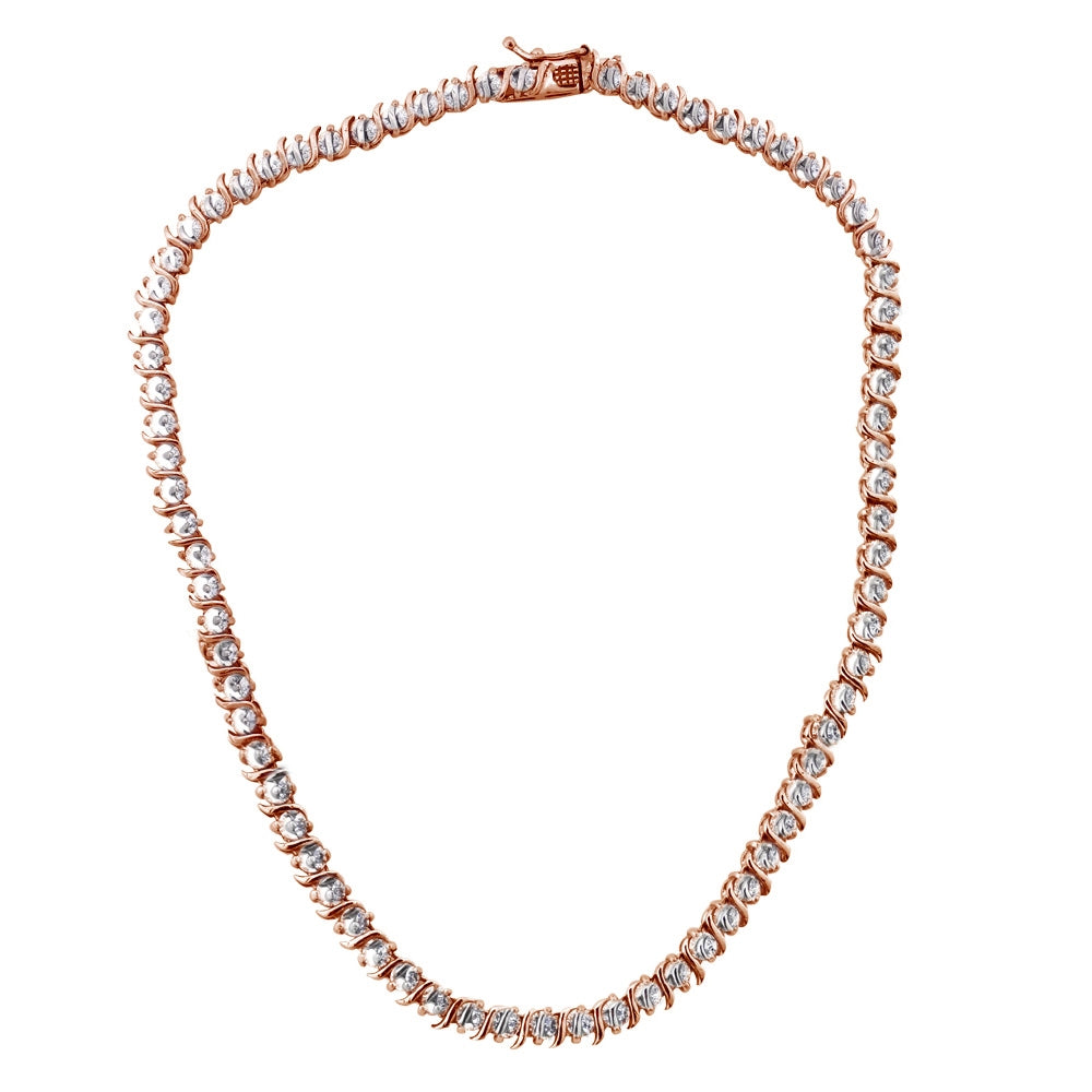 Rose Gold Flashed Sterling Silver Cubic Zirconia S Design Tennis Necklace-5