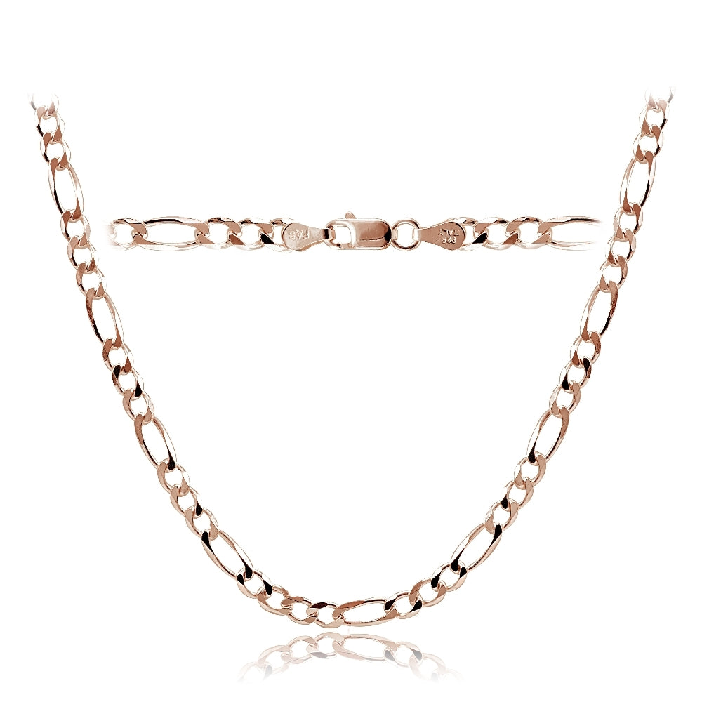 Rose Gold Tone over Sterling Silver 4mm Italian Figaro Link Necklace 24 Inches