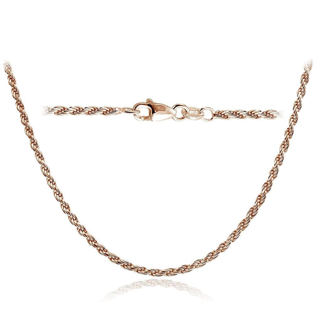Rose Gold Tone over Sterling Silver Italian 2mm Rope Chain Necklace for Pendants 24 Inches