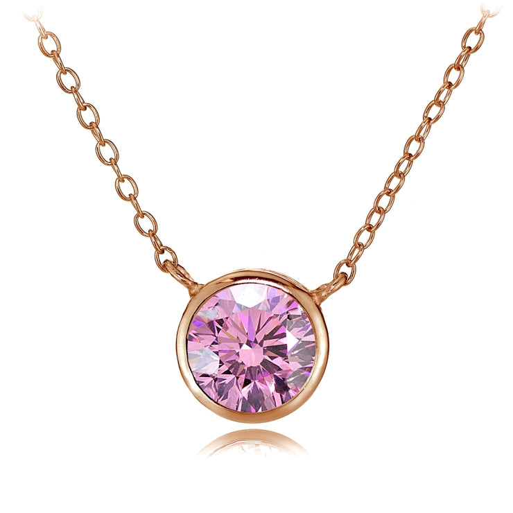 Rose Gold Tone over Sterling Silver Bezel-Set Pink Cubic Zirconia Round Solitaire Necklace