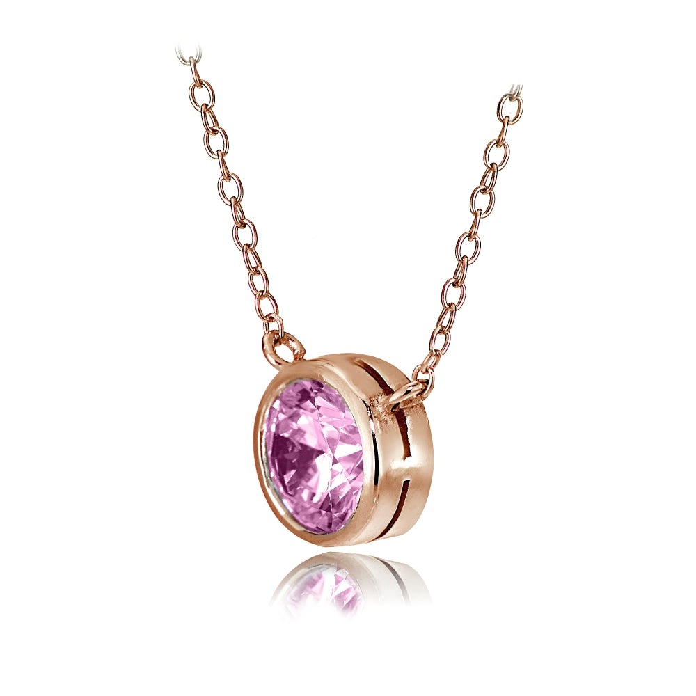 Rose Gold Tone over Sterling Silver Bezel-Set Pink Cubic Zirconia Round Solitaire Necklace-2
