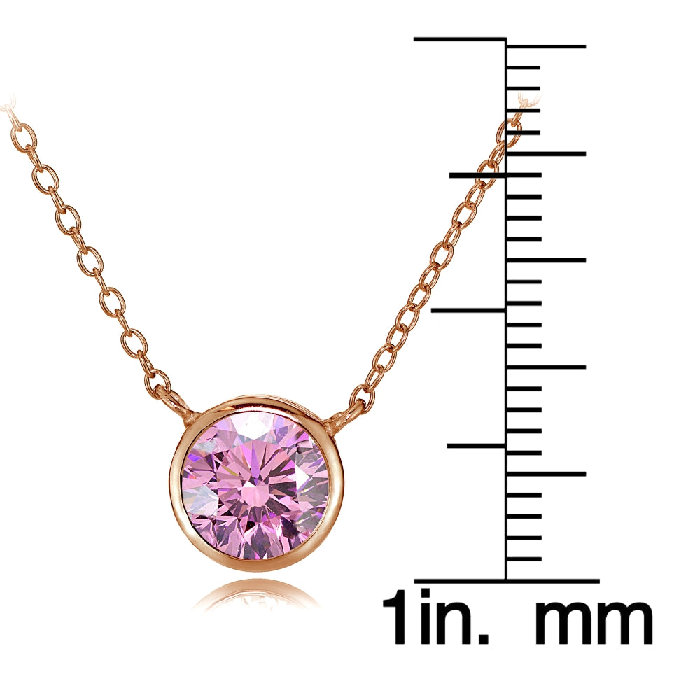 Rose Gold Tone over Sterling Silver Bezel-Set Pink Cubic Zirconia Round Solitaire Necklace-3