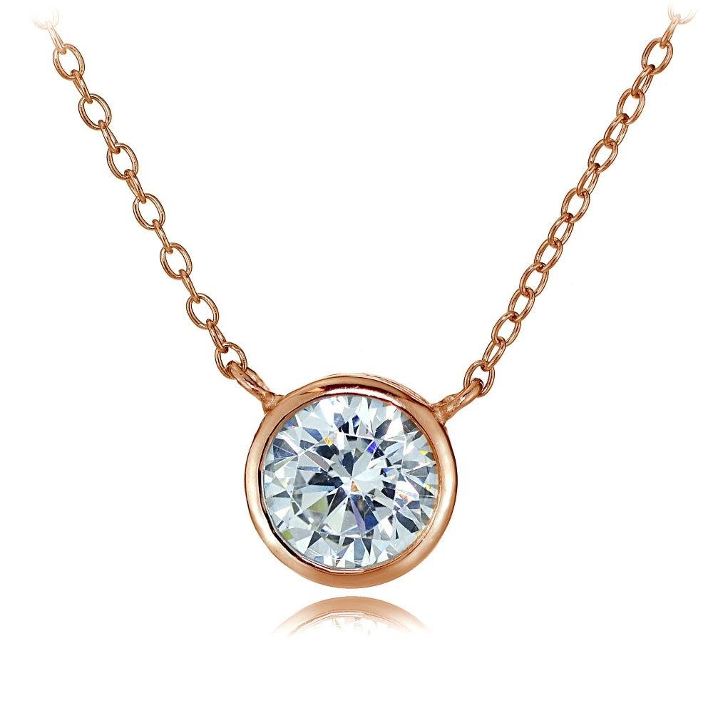 Rose Gold Tone over Sterling Silver Bezel-Set Cubic Zirconia Round Solitaire Necklace