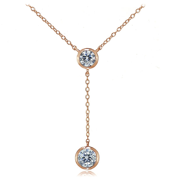 Rose Gold Tone over Sterling Silver Cubic Zirconia Bezel-Set Round Dangling Y Necklace