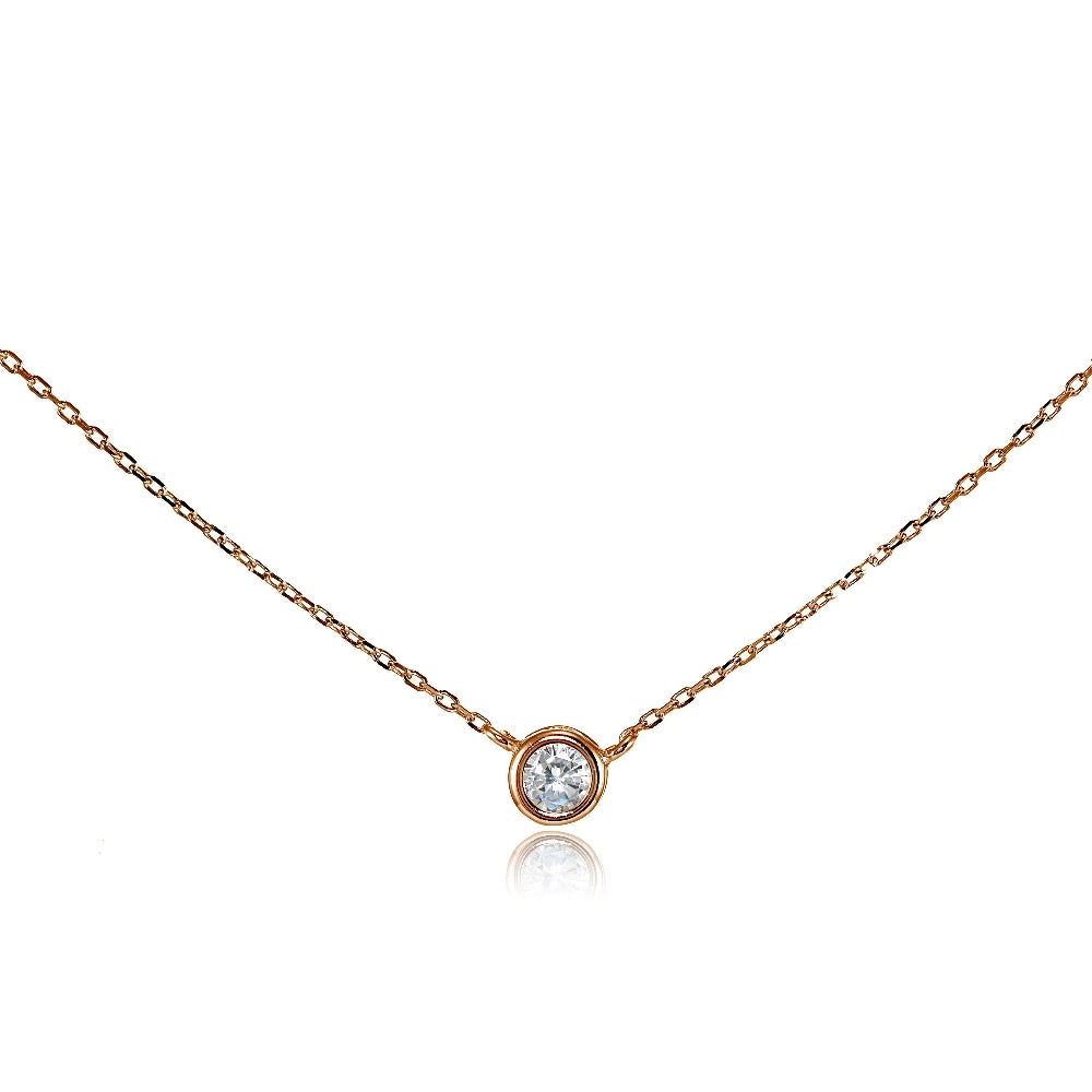 Rose Gold Flashed Sterling Silver Cubic Zirconia Bezel-Set Solitaire Choker Necklace