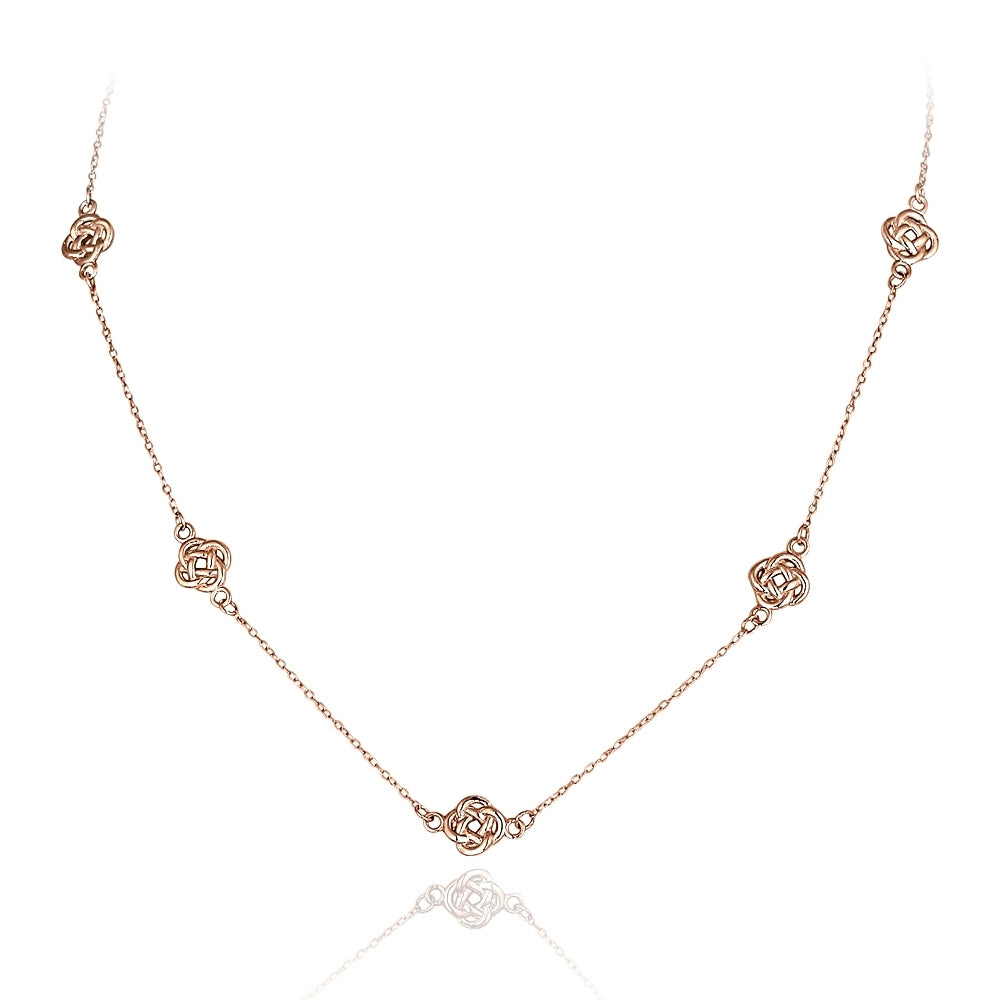 Rose Gold Flashed Sterling Silver Polished Love Knot Flower Station Chain Necklace