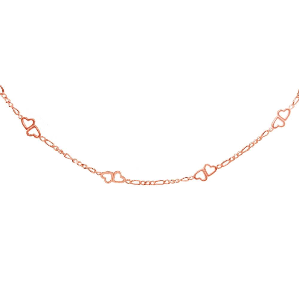 Rose Gold Flashed Sterling Silver Figaro Link Chain with Double Hearts Choker Necklace
