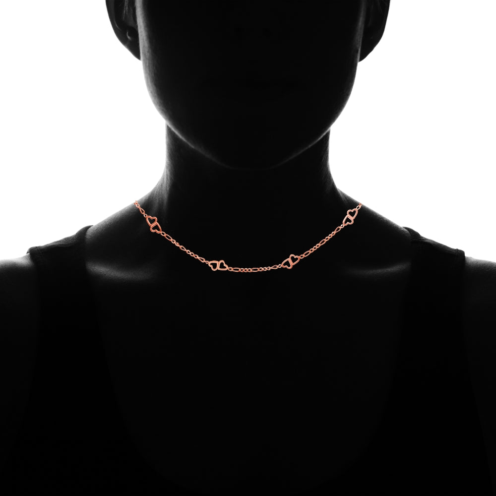 Rose Gold Flashed Sterling Silver Figaro Link Chain with Double Hearts Choker Necklace-3