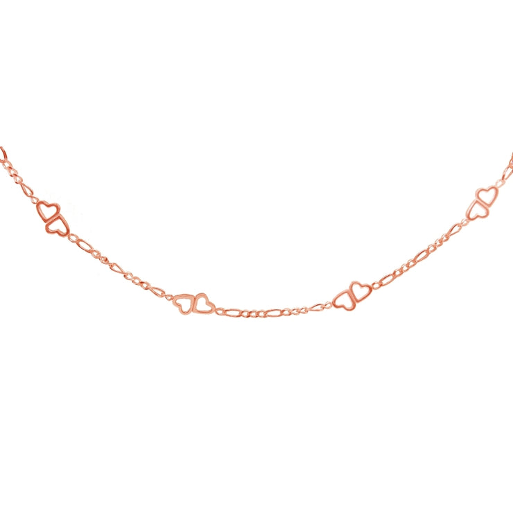 Rose Gold Flashed Sterling Silver Figaro Link Chain with Double Hearts Necklace, 16 Inches