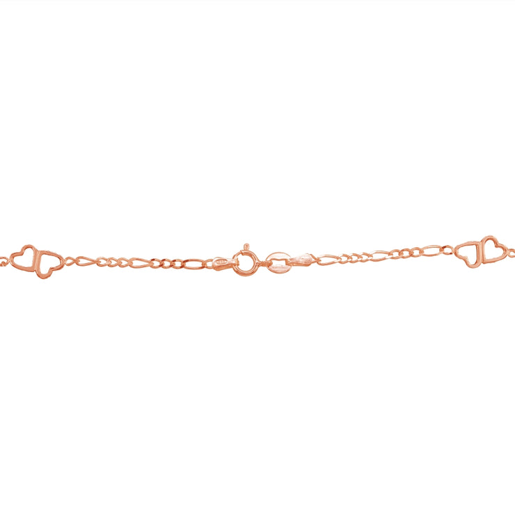 Rose Gold Flashed Sterling Silver Figaro Link Chain with Double Hearts Necklace, 18 Inches