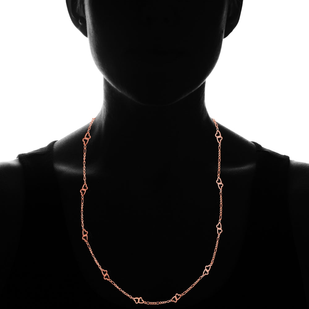 Rose Gold Flashed Sterling Silver Figaro Link Chain with Double Hearts Necklace, 30 Inches-3