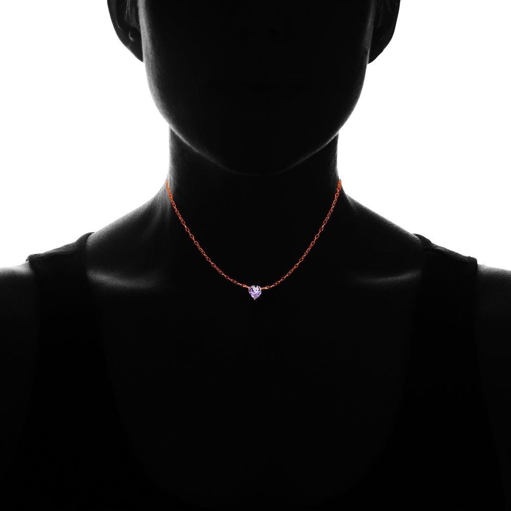 Rose Gold Flashed Sterling Silver Small Dainty Amethyst Heart Choker Necklace-2