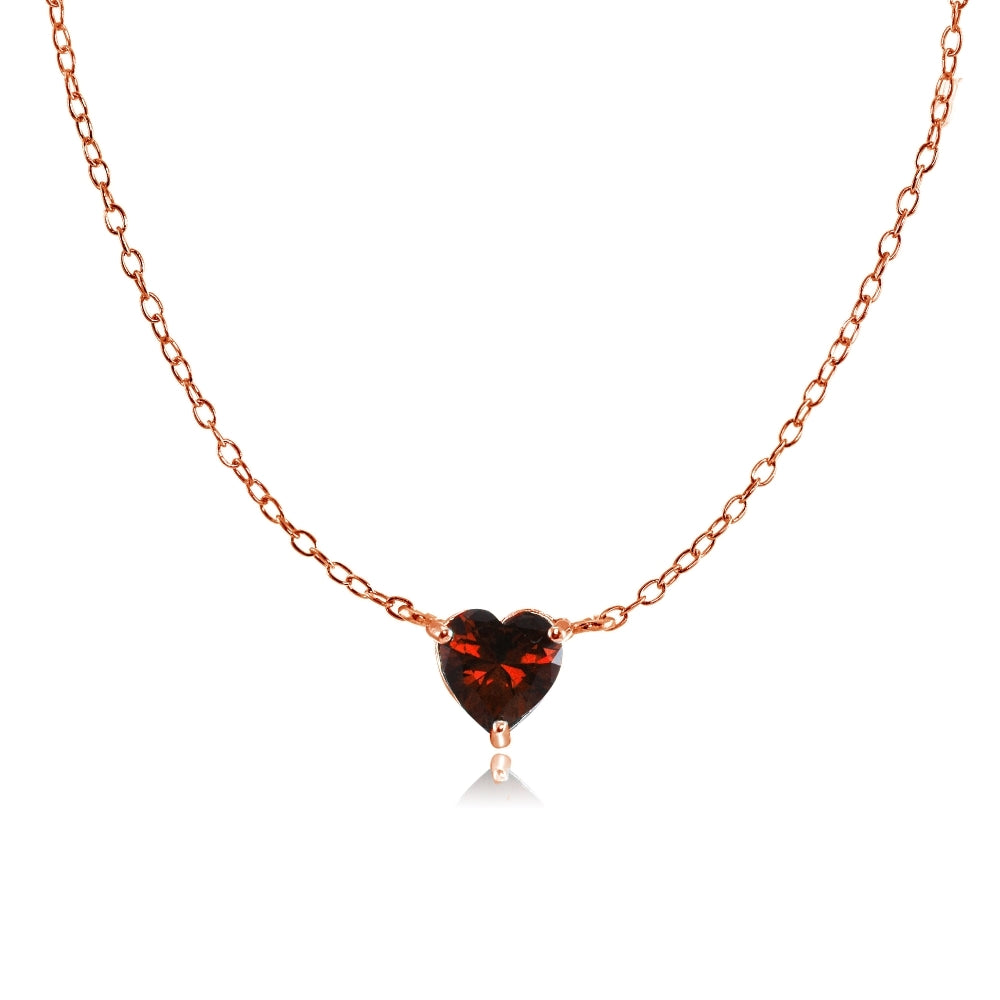 Rose Gold Flashed Sterling Silver Small Dainty Garnet Heart Choker Necklace
