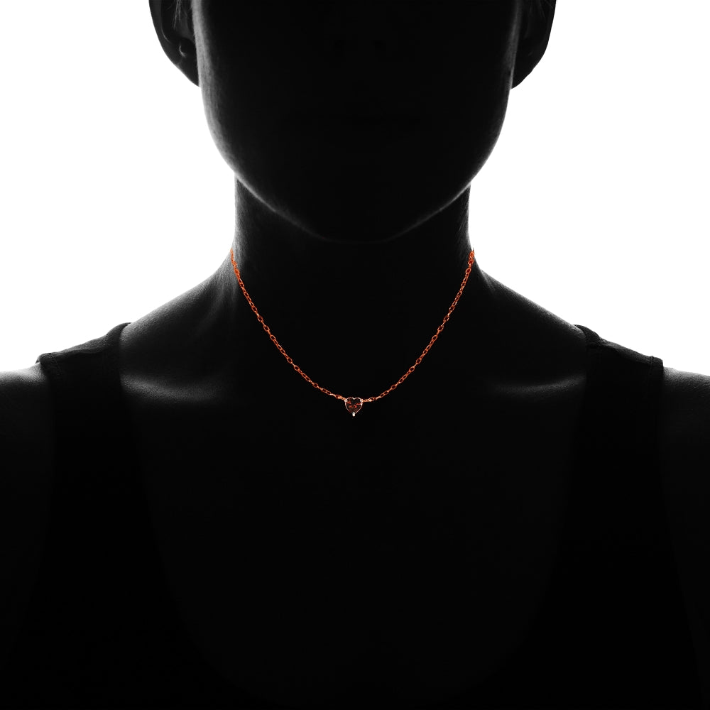Rose Gold Flashed Sterling Silver Small Dainty Garnet Heart Choker Necklace-2