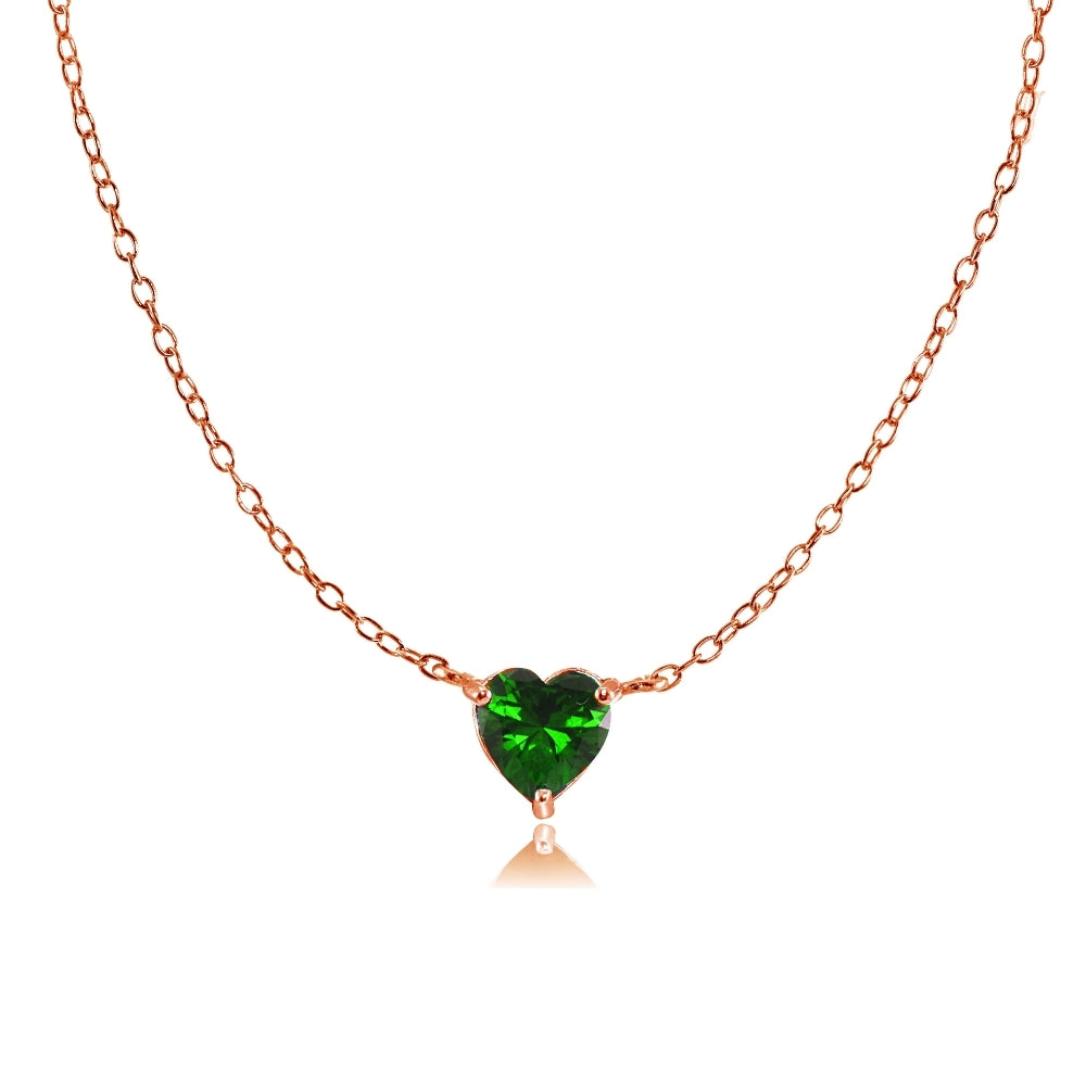 Rose Gold Flashed Sterling Silver Small Dainty Simulated Emerald Heart Choker Necklace