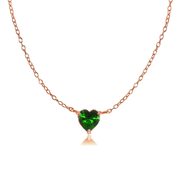 Rose Gold Flashed Sterling Silver Small Dainty Simulated Emerald Heart Choker Necklace
