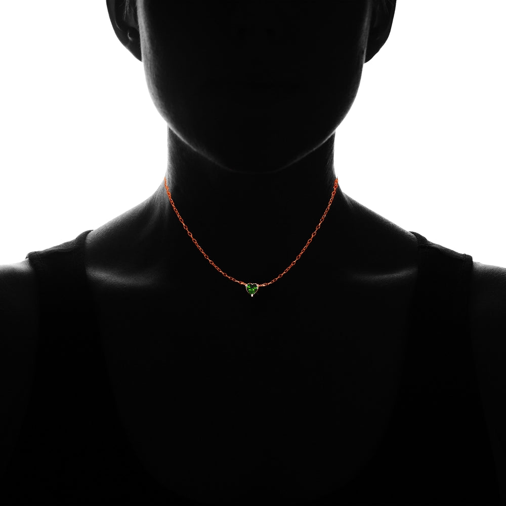 Rose Gold Flashed Sterling Silver Small Dainty Simulated Emerald Heart Choker Necklace-2