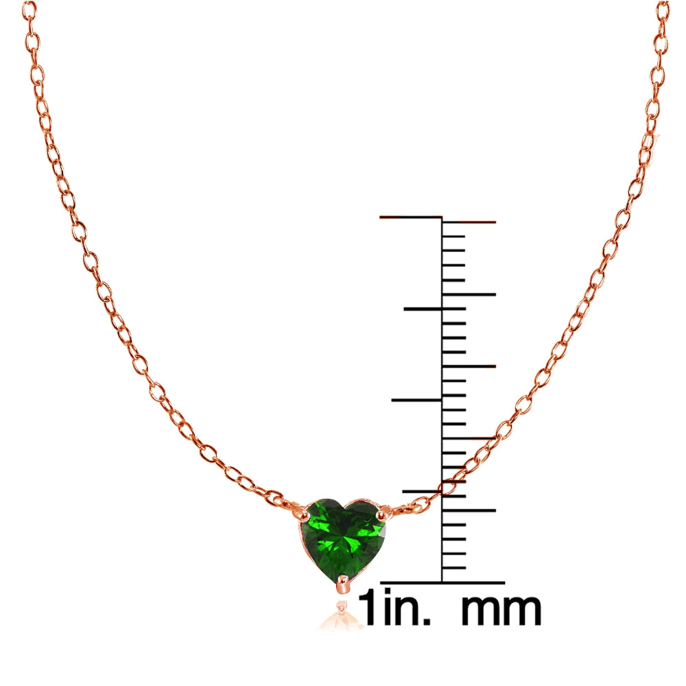 Rose Gold Flashed Sterling Silver Small Dainty Simulated Emerald Heart Choker Necklace-3