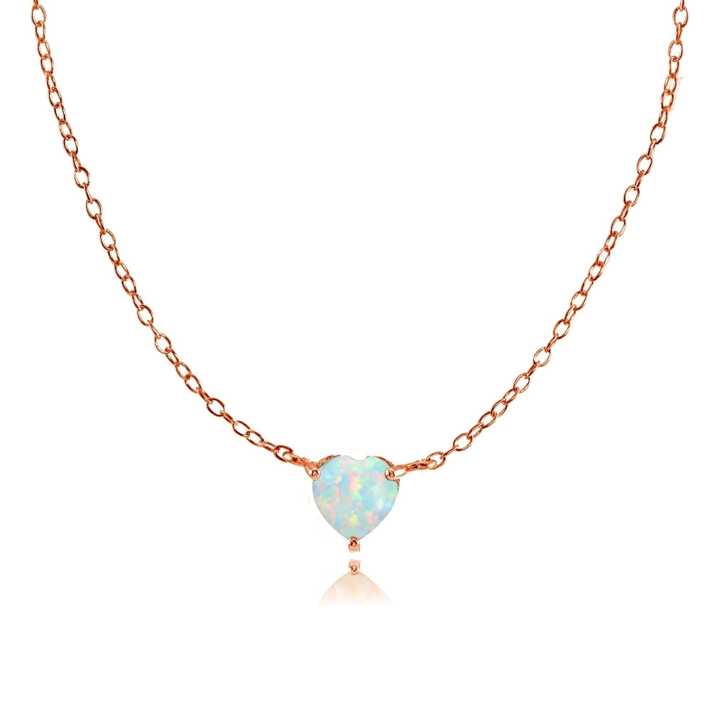 Rose Gold Flashed Sterling Silver Small Dainty Created White Opal Heart Choker Necklace