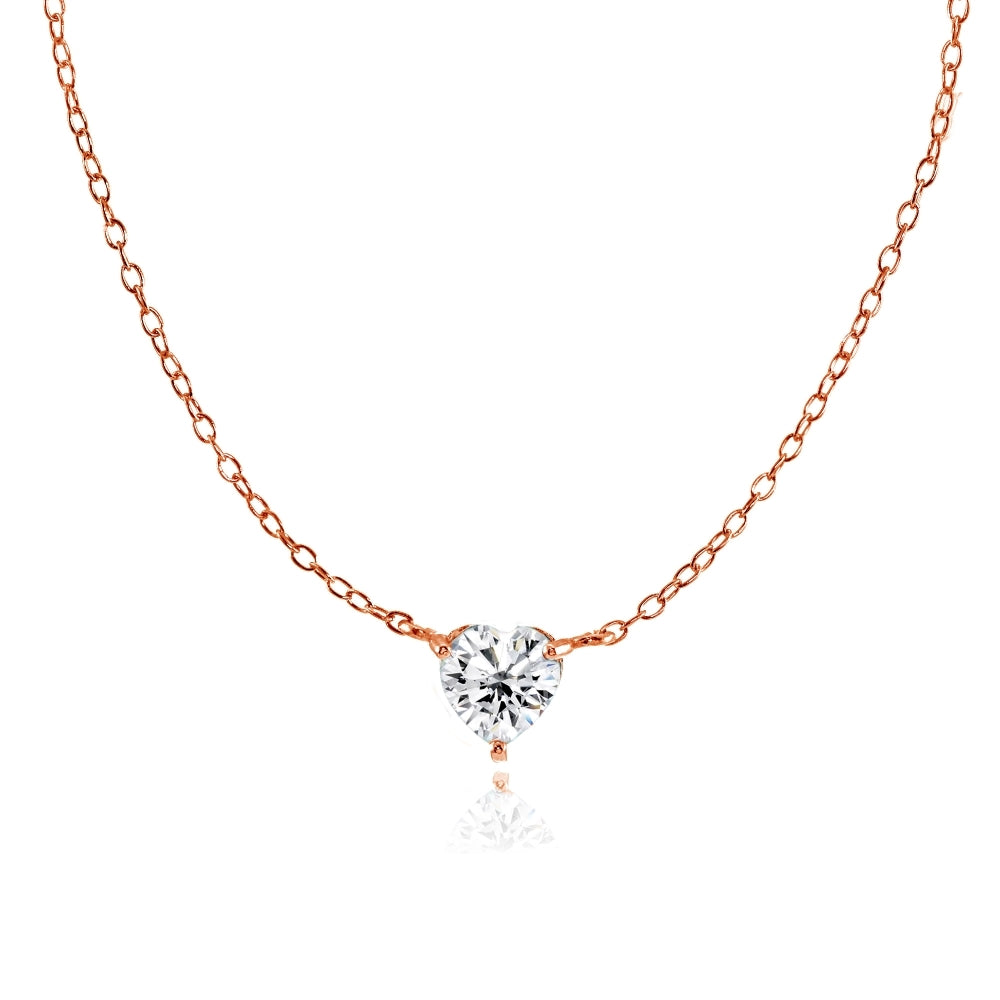 Rose Gold Flashed Sterling Silver Small Dainty Cubic Zirconia Heart Choker Necklace