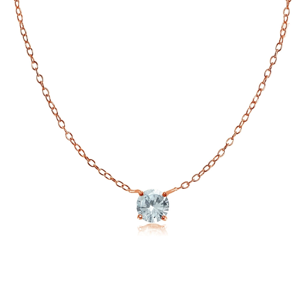 Rose Gold Flashed Sterling Silver Small Dainty Round Aquamarine Choker Necklace